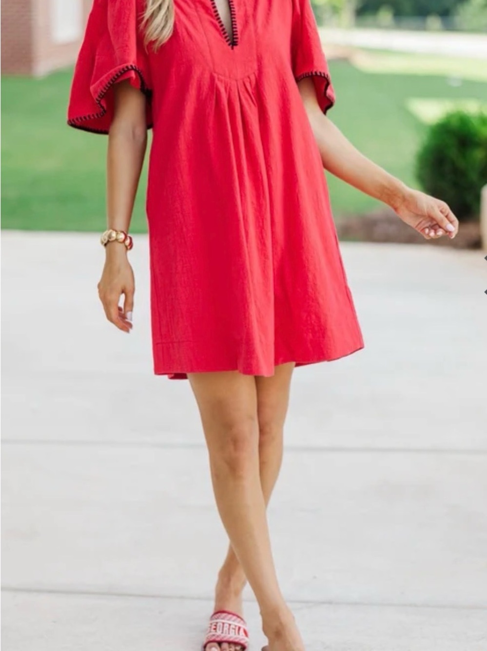 Women’s Red with Black Trim Tunic Mini Dress with Flutter Sleeves and Pockets